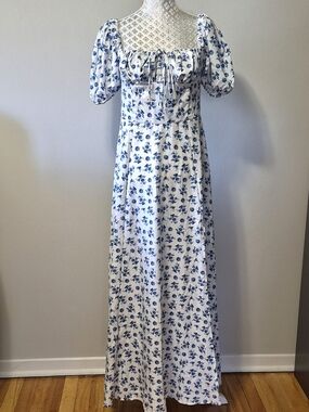 White and Blue Floral Maxi Dress with Puff Sleeves